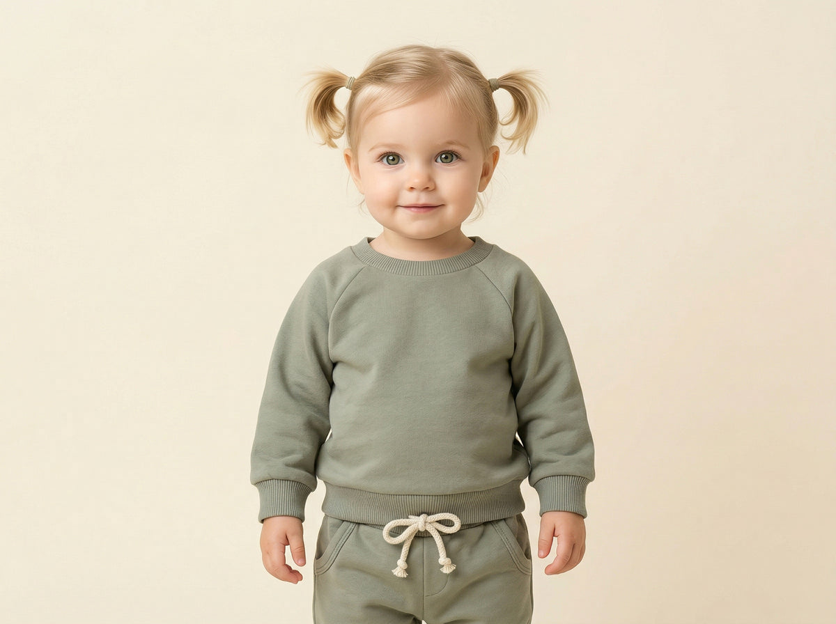 Child wearing a olive sweatshirt and pants on a beige background