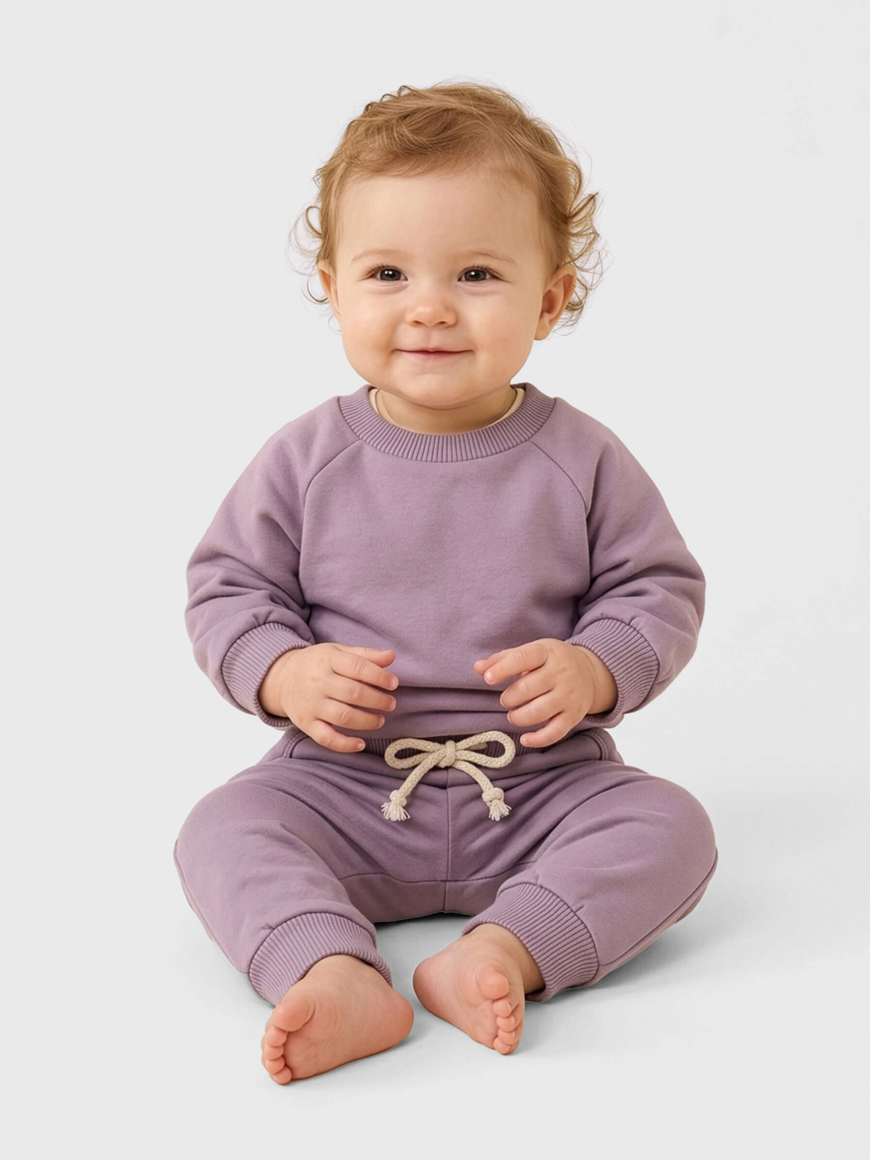Baby wearing a purple outfit with a white background